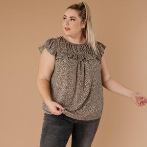 Ces Femme Leopard Print Blouse w/ Ruffle Detail